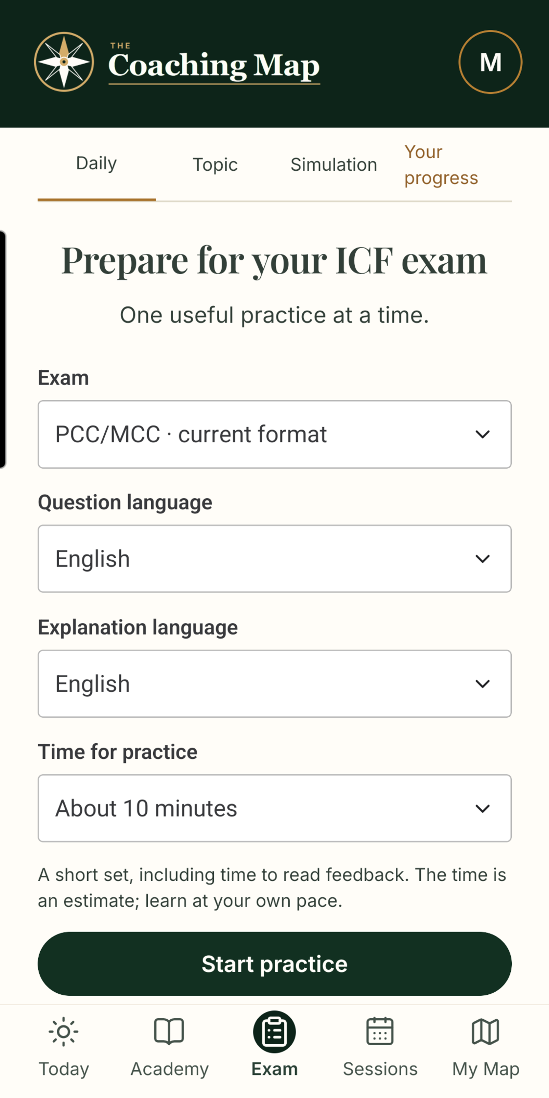The Coaching Map exam preparation screen